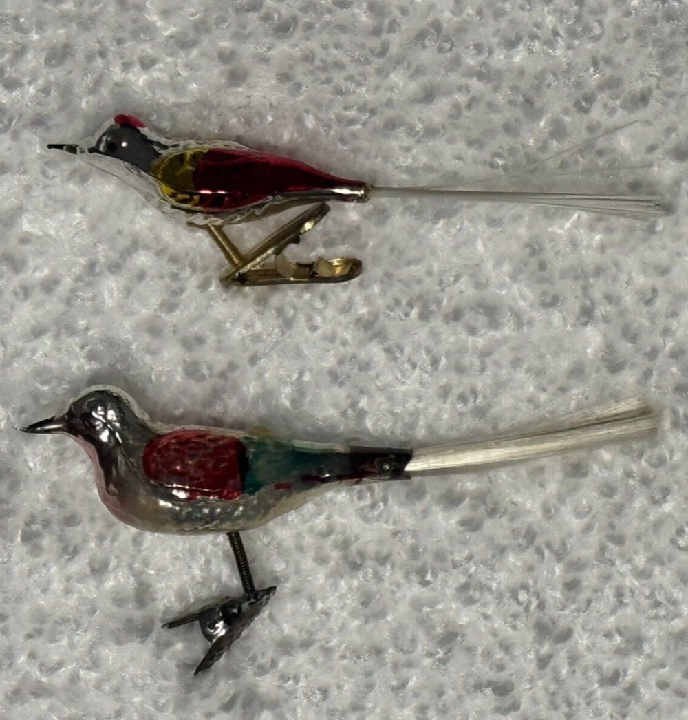 Set of 2 Vintage Mercury Glass Bird Clip Ornaments For Christmas Tree 3.5”